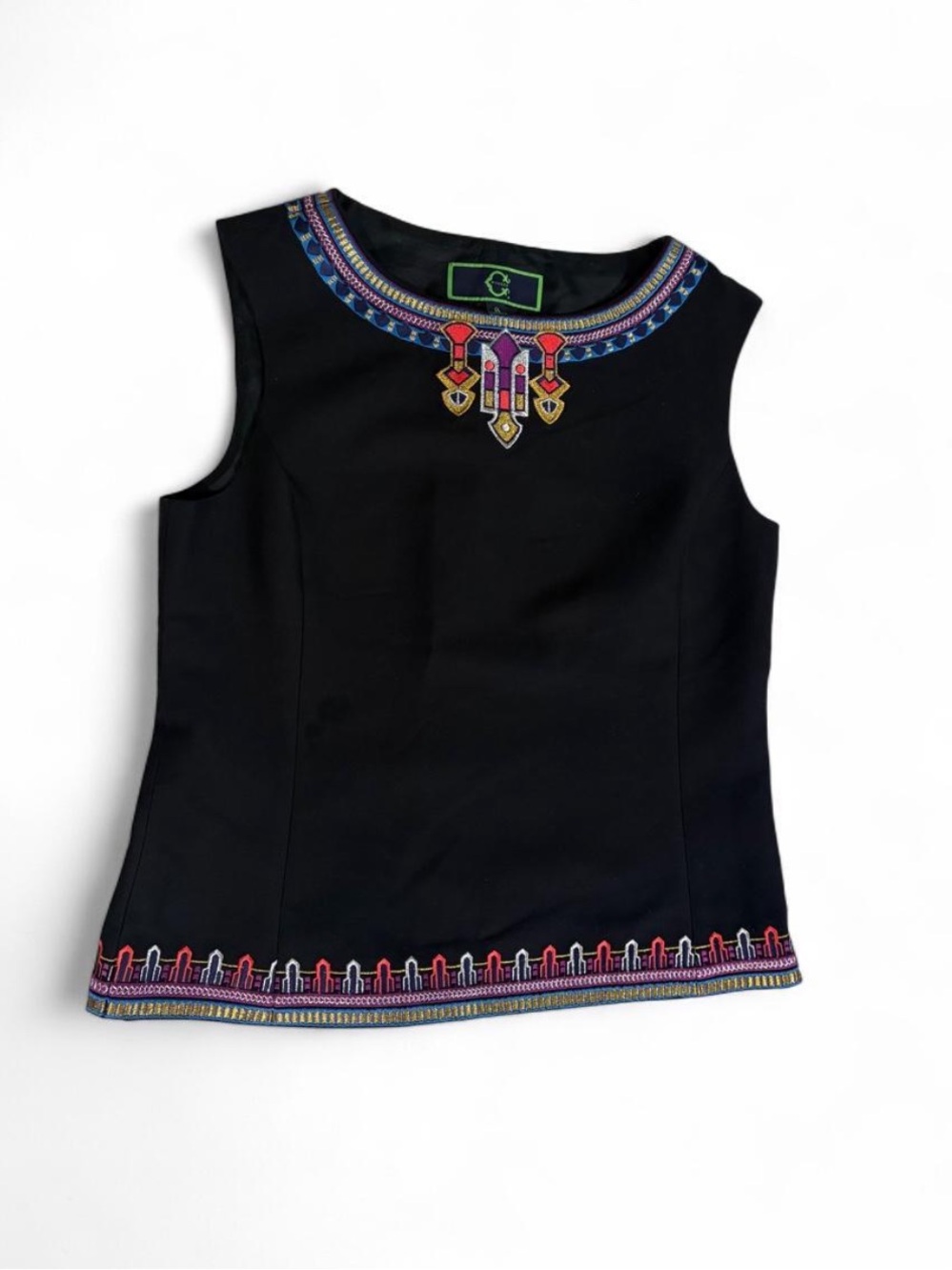 C. Wonder Black Sleeveless Tank with Colorful Embroidered Neckline & Hem